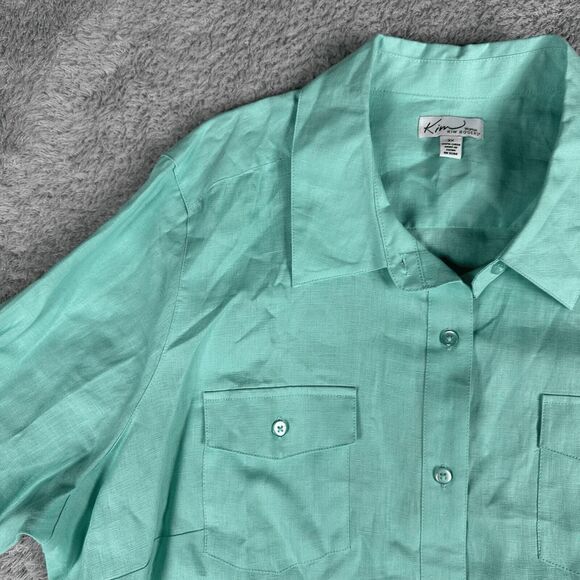 Kim Rogers Womens Linen Button Up Shirt 2X Light Blue Green Roll Tab Long Sleeve - Picture 10 of 14